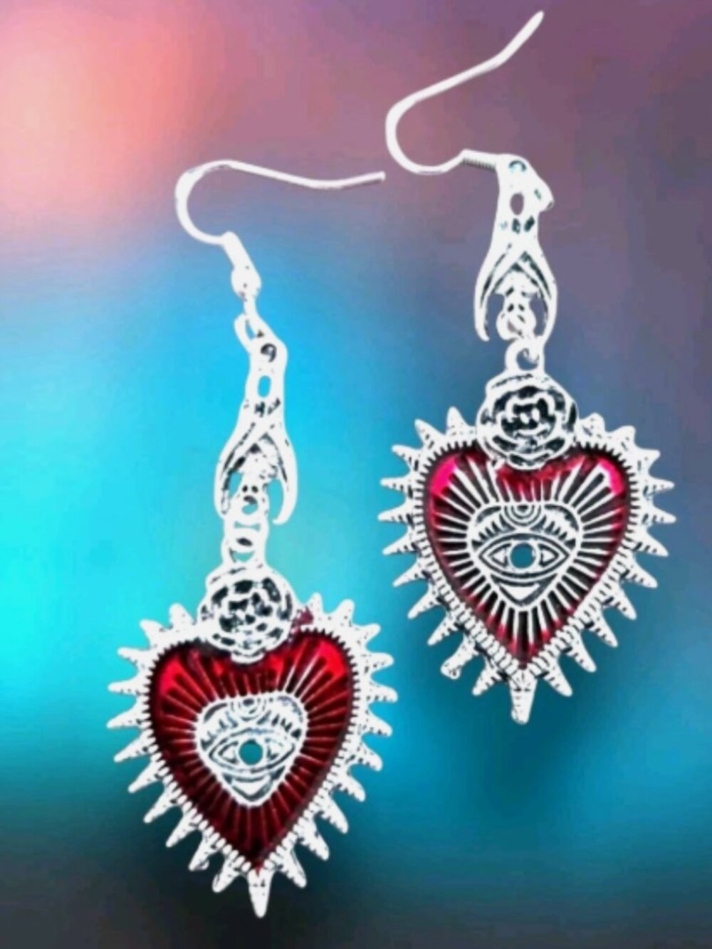 Goth Spiked Evil Eye Heart & Bat Earrings